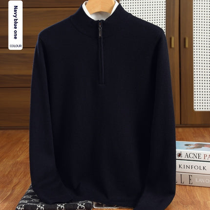 Men's Half Zipper Worsted Wool Sweater Navy Blue