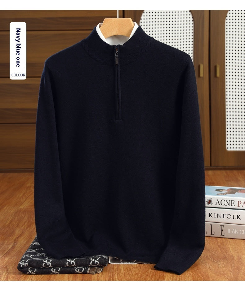 Men's Half Zipper Worsted Wool Sweater Navy Blue