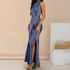 Women's Satin Stand Collar Sleeveless Maxi Dress | 7 Colours Navy Blue