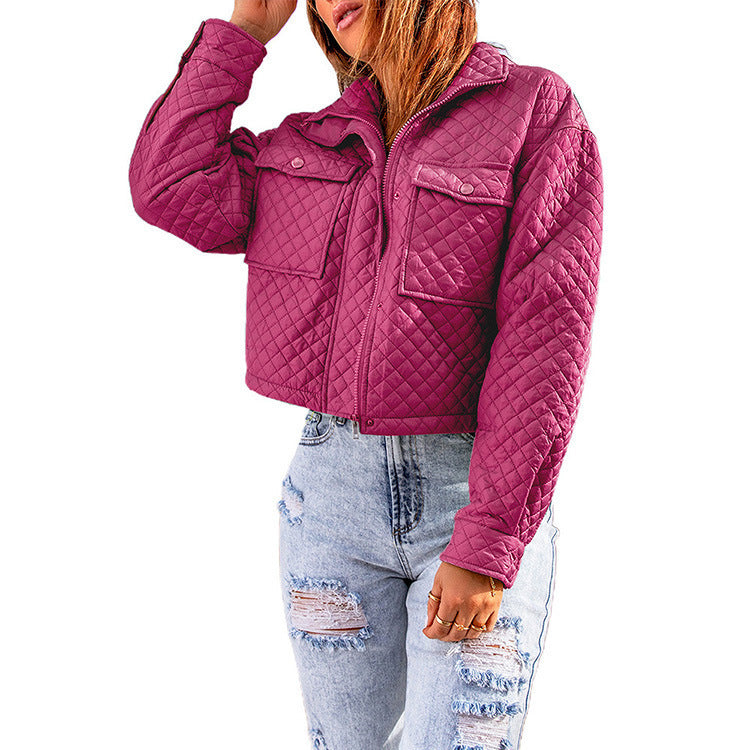Women's Casual Zippered Cropped Jacket Rose Red