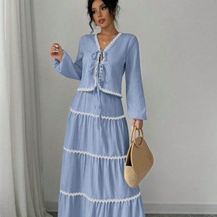 Women Lace Layered Pleated Skirt Suit Light blue