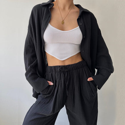 Women's Casual Simple Lapel Long Sleeve Shirt Trousers Suit Black