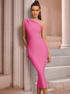 Elegant One Shoulder Sexy Dress Rose Red