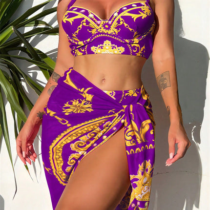 Retro Sexy Bikini Mesh Lace-up Three-piece Swimsuit Purple