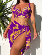 Retro Sexy Bikini Mesh Lace-up Three-piece Swimsuit Purple
