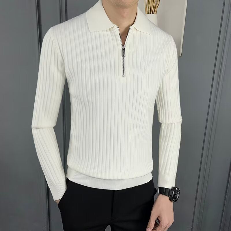 Warm Polo Collar Stripes Long Sleeve Pullover White