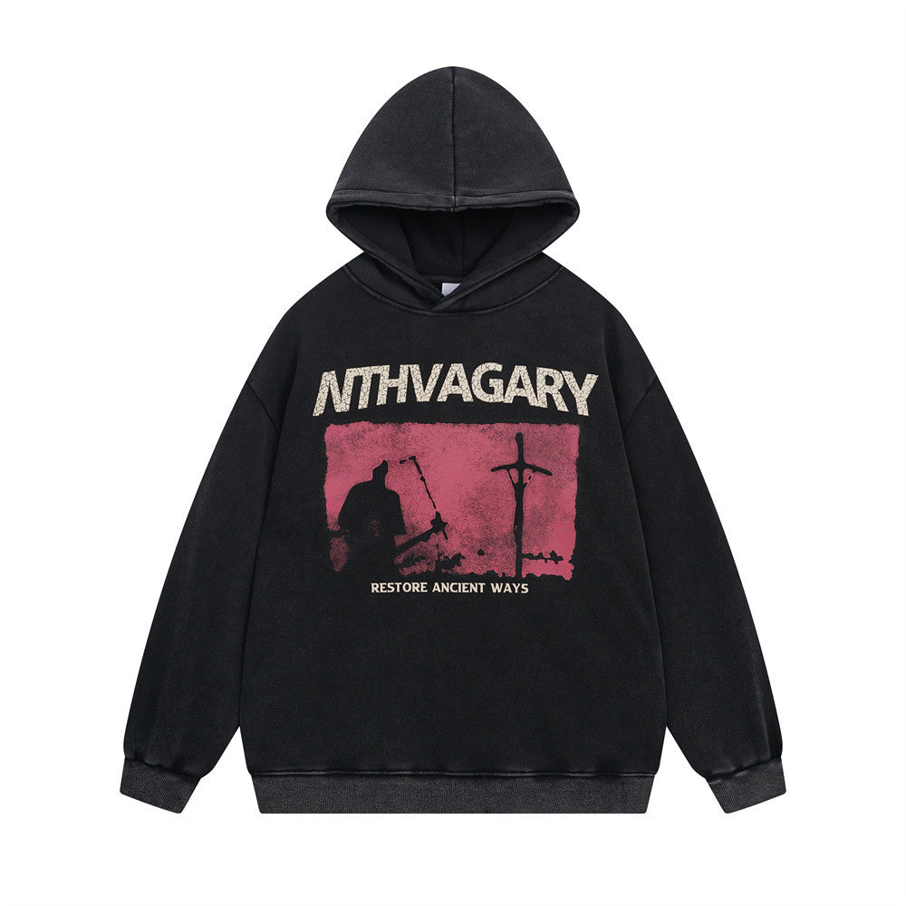 Men's Street Depressed Cross Velvet Padded Hoodie Black
