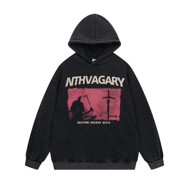Men's Street Depressed Cross Velvet Padded Hoodie Black