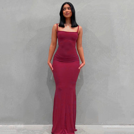 Casual Slim-fit Sling Long Dress Wine red