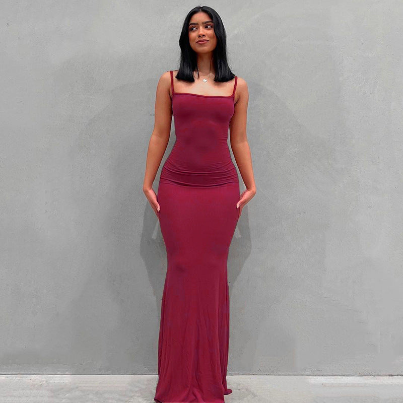 Casual Slim-fit Sling Long Dress Wine red