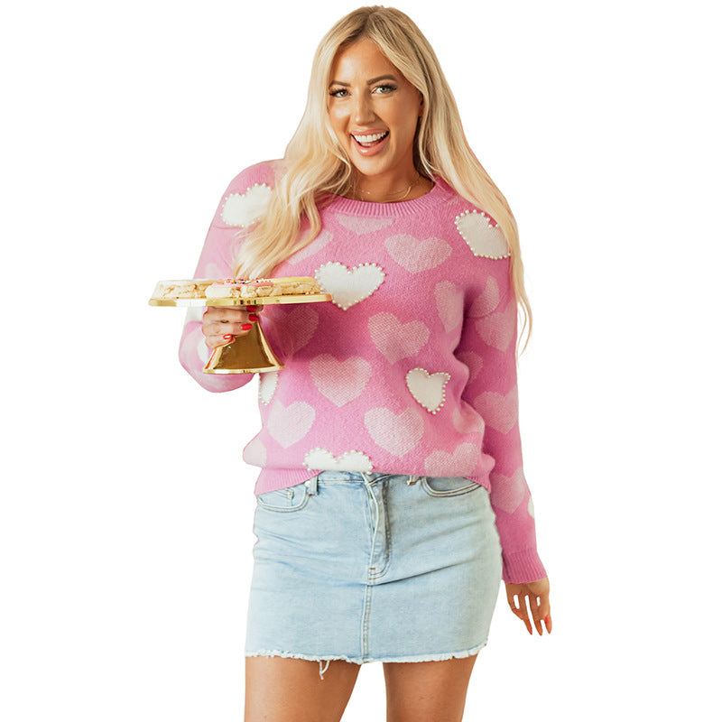 Women's Heart Shape Beads Sweater Pink