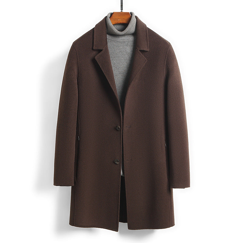 Male Worsted Wool Mid-length Slim-fit Coat Brown