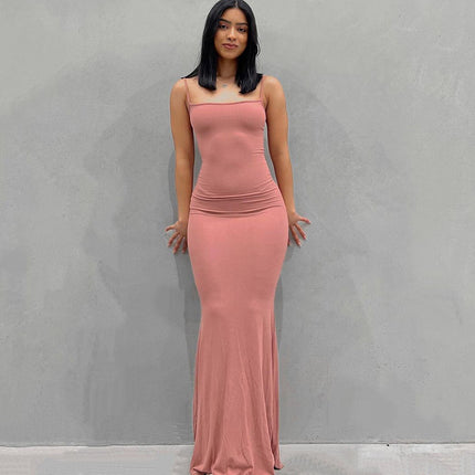 Casual Slim-fit Sling Long Dress Pink