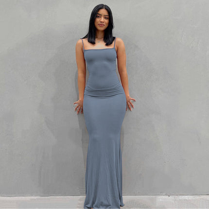 Casual Slim-fit Sling Long Dress Blue