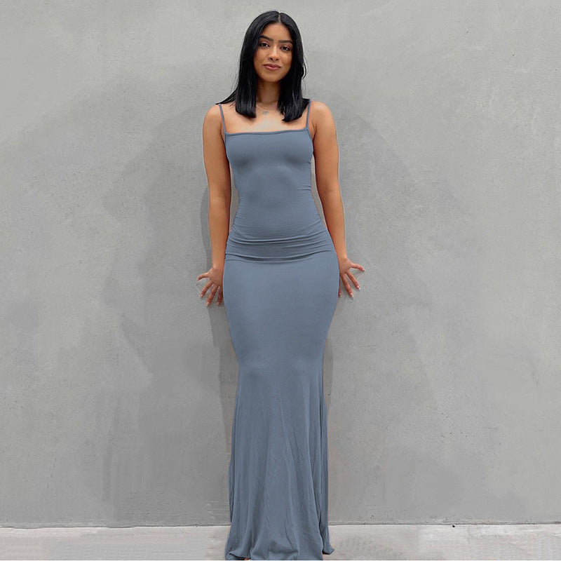 Casual Slim-fit Sling Long Dress Blue