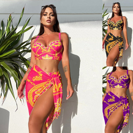 Retro Sexy Bikini Mesh Lace-up Three-piece Swimsuit