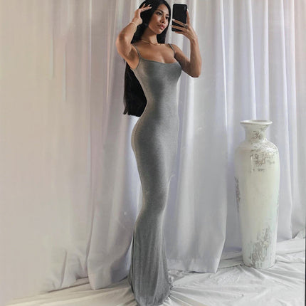 Casual Slim-fit Sling Long Dress Gray