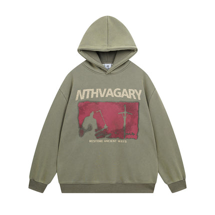 Men's Street Depressed Cross Velvet Padded Hoodie Green