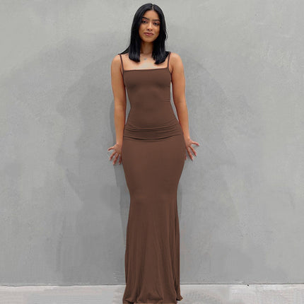 Casual Slim-fit Sling Long Dress Brown