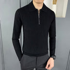 Warm Polo Collar Stripes Long Sleeve Pullover Black