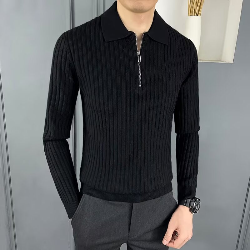 Warm Polo Collar Stripes Long Sleeve Pullover Black
