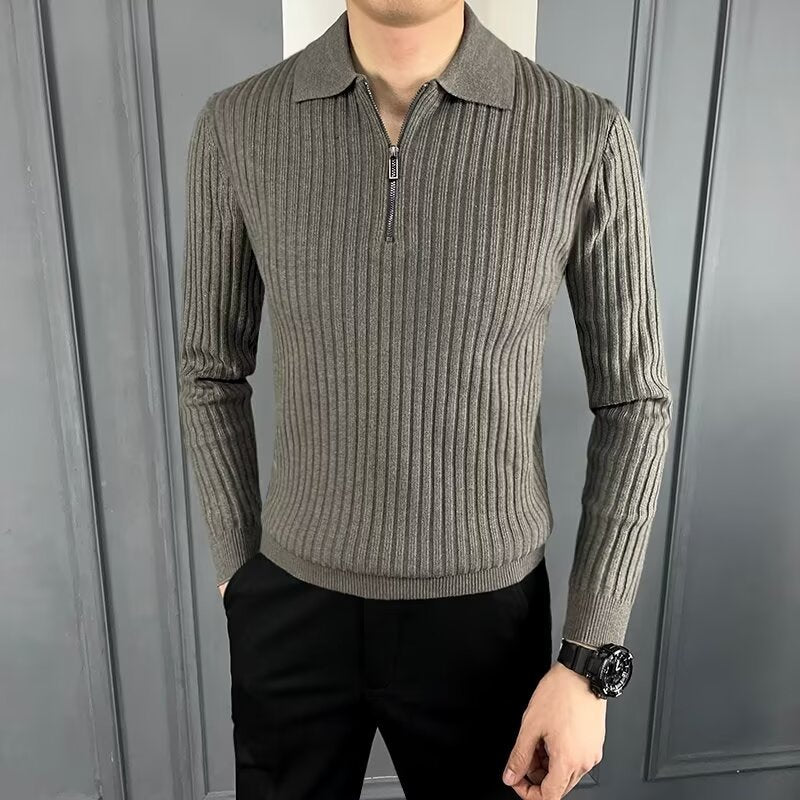 Warm Polo Collar Stripes Long Sleeve Pullover Gray
