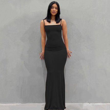 Casual Slim-fit Sling Long Dress Black