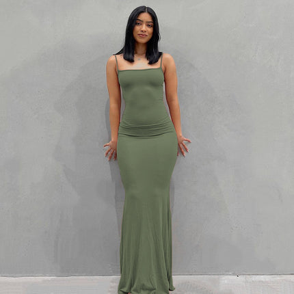 Casual Slim-fit Sling Long Dress Green