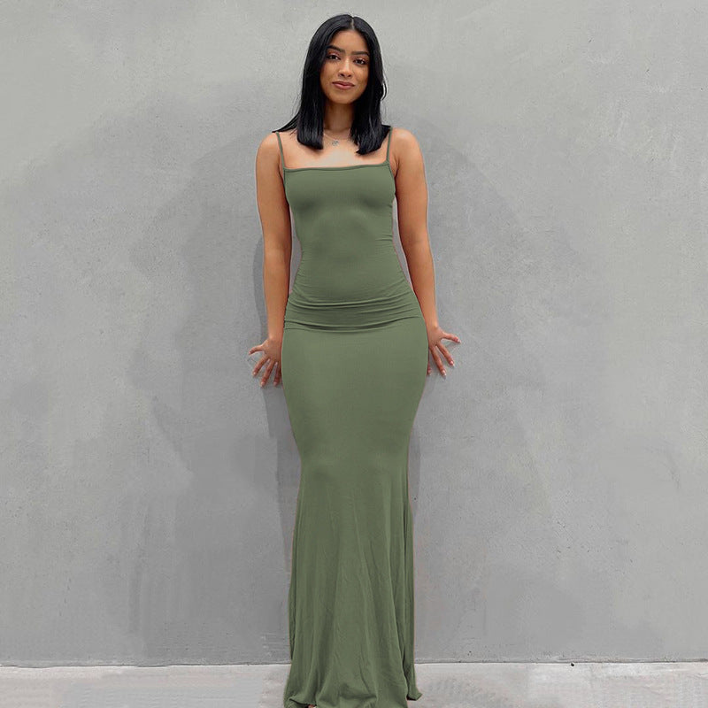 Casual Slim-fit Sling Long Dress Green