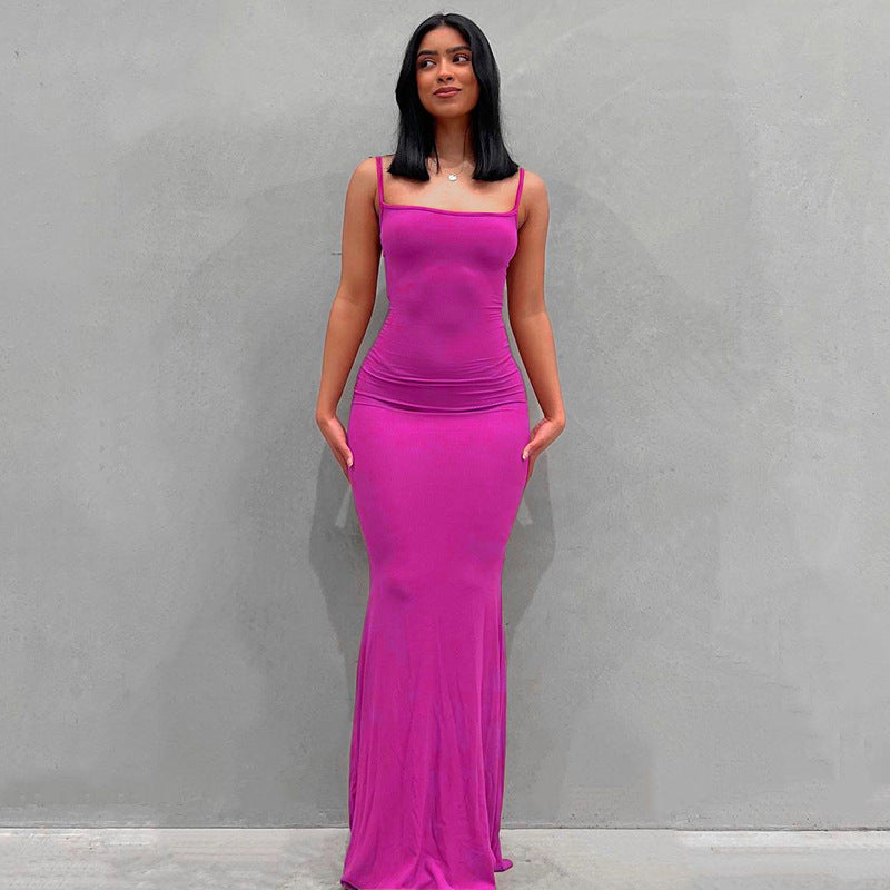 Casual Slim-fit Sling Long Dress Rose Red