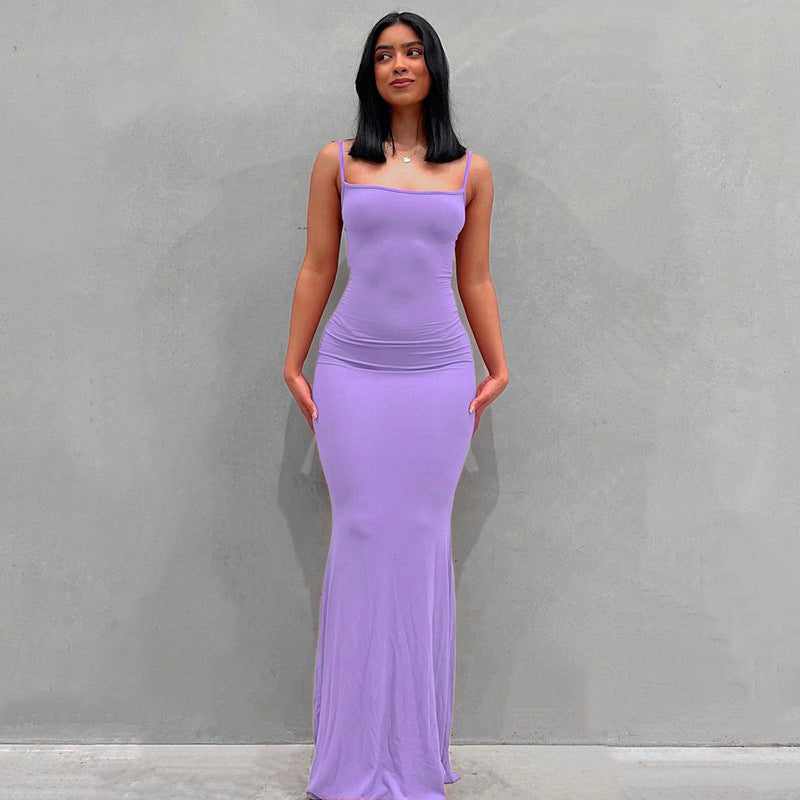 Casual Slim-fit Sling Long Dress light purple