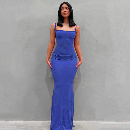 Casual Slim-fit Sling Long Dress dark blue