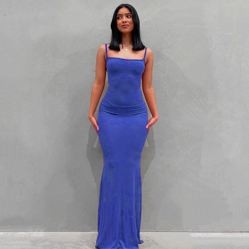 Casual Slim-fit Sling Long Dress dark blue