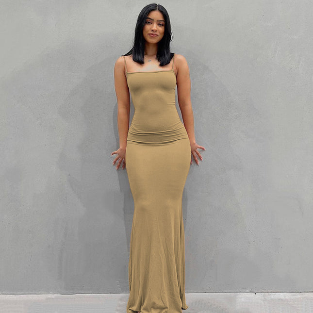 Casual Slim-fit Sling Long Dress Khaki