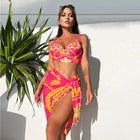 Retro Sexy Bikini Mesh Lace-up Three-piece Swimsuit Red