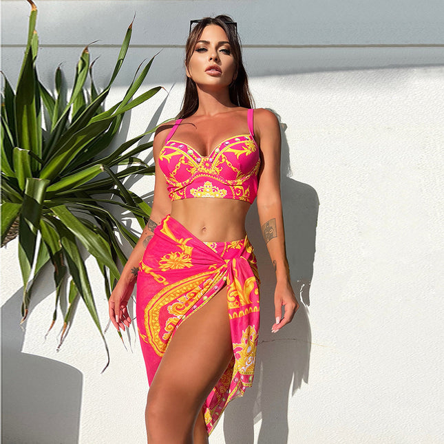 Retro Sexy Bikini Mesh Lace-up Three-piece Swimsuit Red