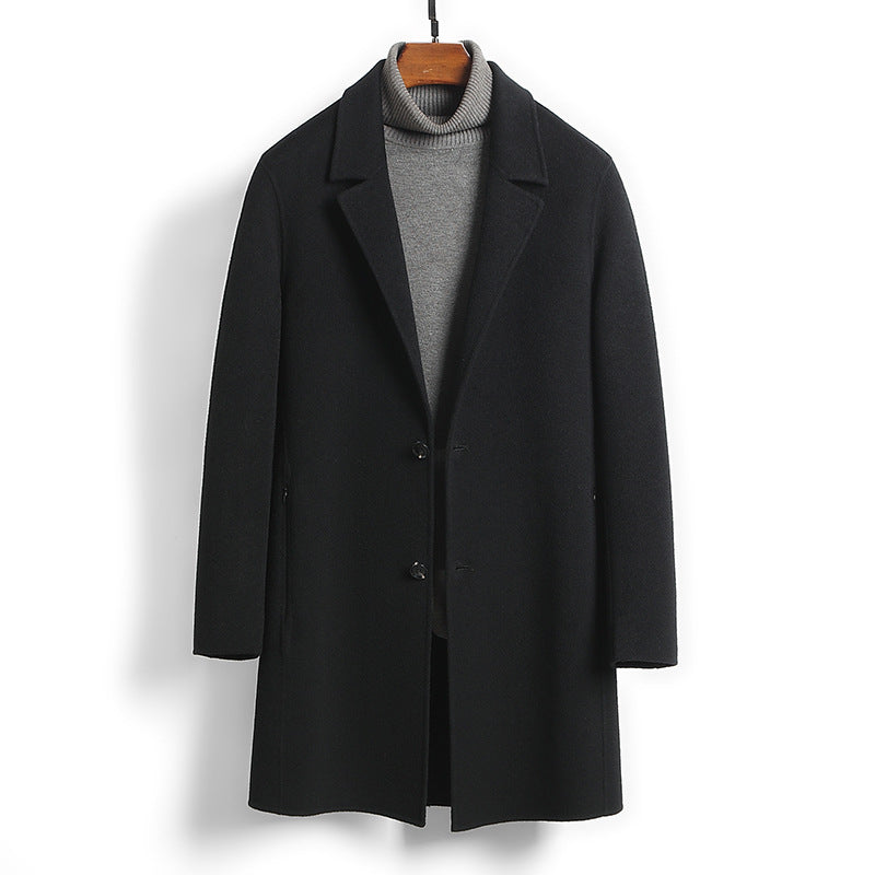 Male Worsted Wool Mid-length Slim-fit Coat Black