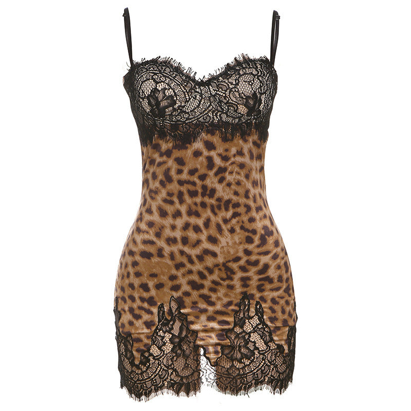 Sexy Leopard-print Slim-fit Backless Lace Sling Dress