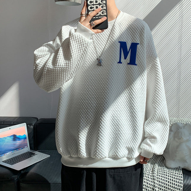 Plaid Letter Embroidery Sweater Men White