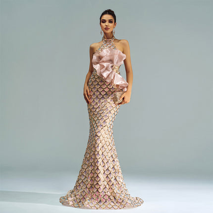 Women's Halter Sequined Mermaid Evening Dress champagne
