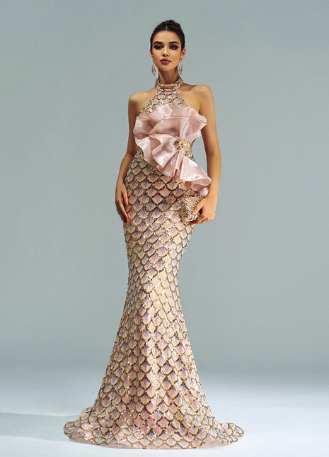 Women's Halter Sequined Mermaid Evening Dress champagne