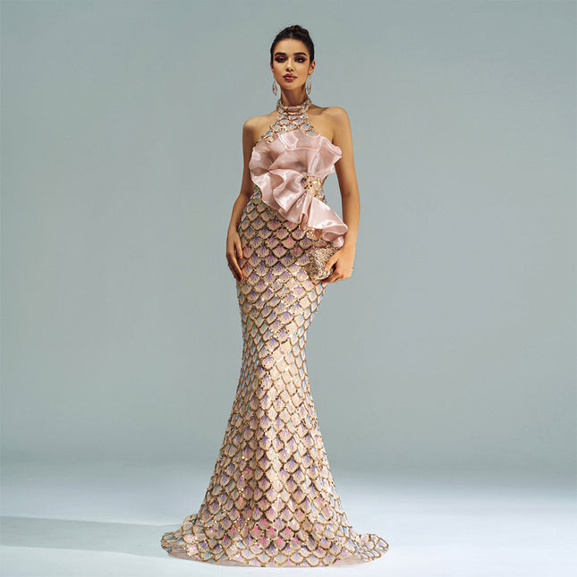 Women's Halter Sequined Mermaid Evening Dress champagne