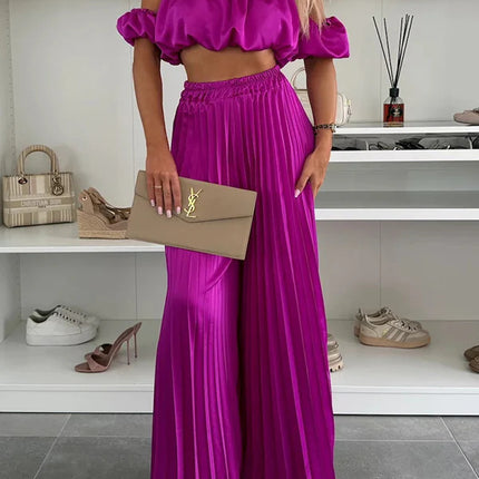 Women's Satin Tube Top Wide Leg Pants Suit Rose Red