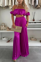 Women's Satin Tube Top Wide Leg Pants Suit Rose Red