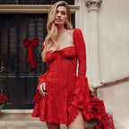 Lace Square Collar Bell-bottom Dress Red