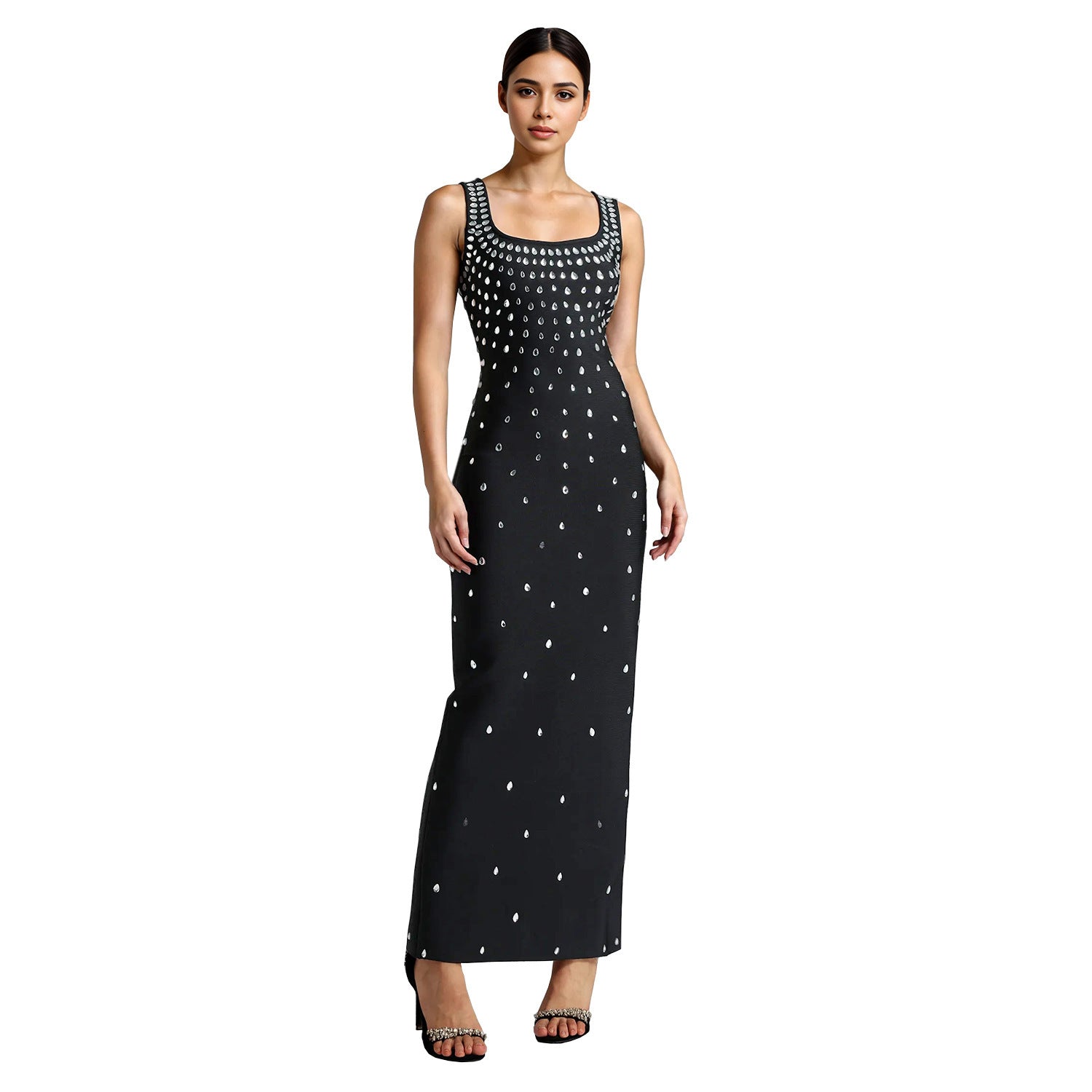 Rhinestones Sleeveless Sheath Tight Dress Black