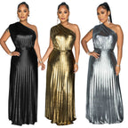 Elegant Bronzing Oblique Shoulder Sleeveless Dress