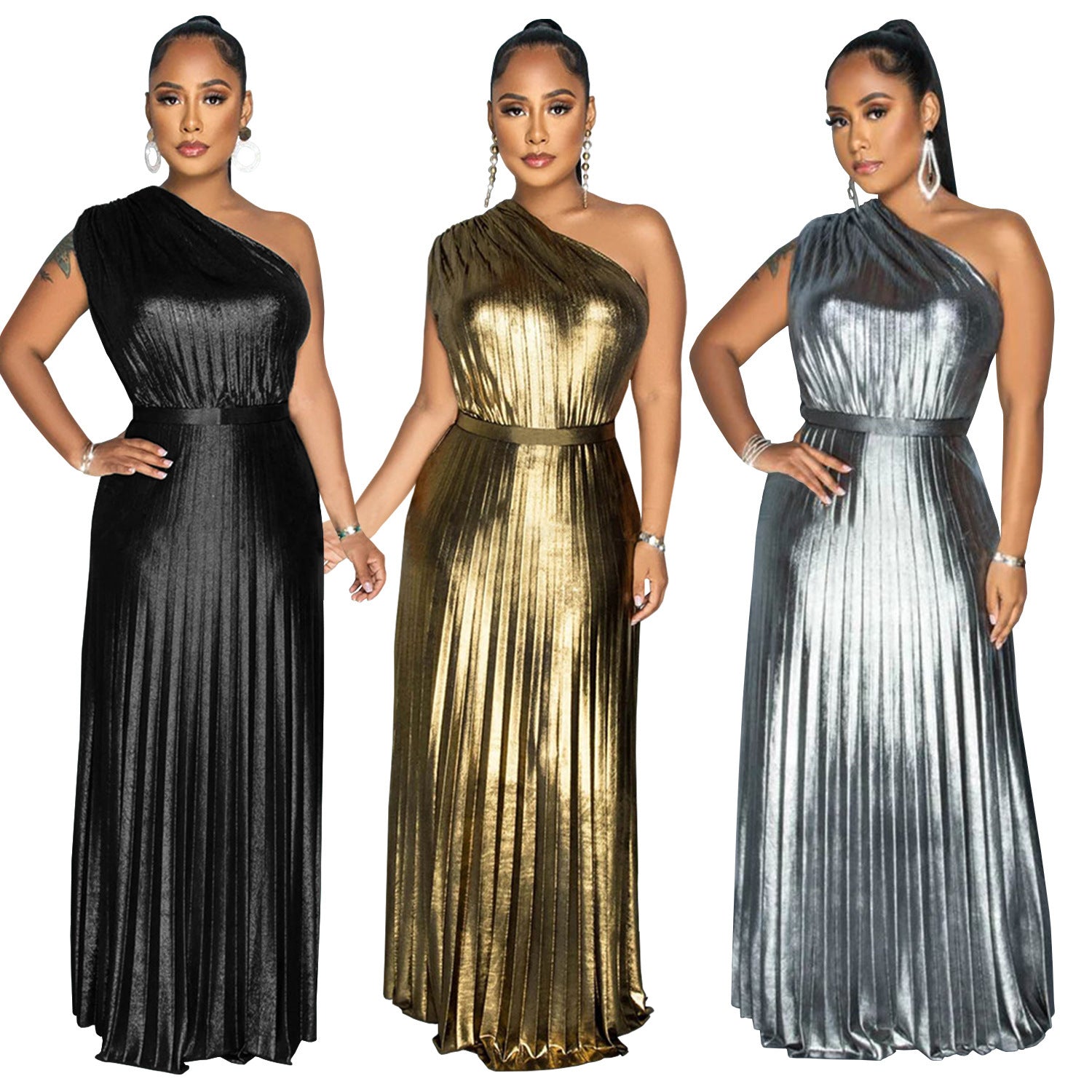 Elegant Bronzing Oblique Shoulder Sleeveless Dress