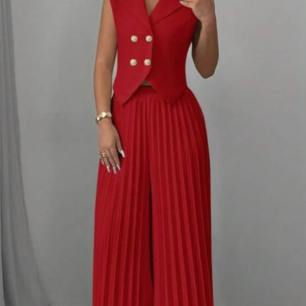 Lapel Button Vest Top And Pleated Pants set Red