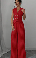Lapel Button Vest Top And Pleated Pants set Red